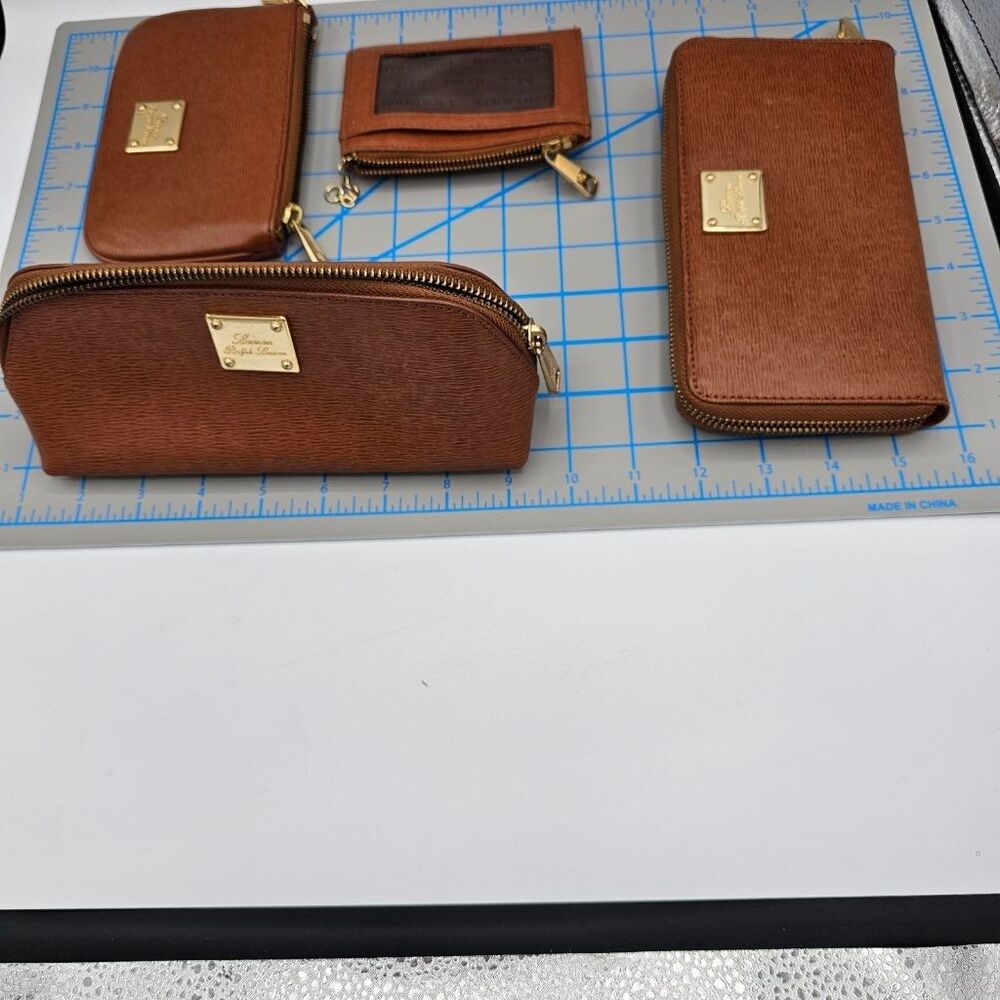 Lauren Ralph Lauren 4pc Brown Leather Set Zip Wallet Wristlet Makeup Bag Card